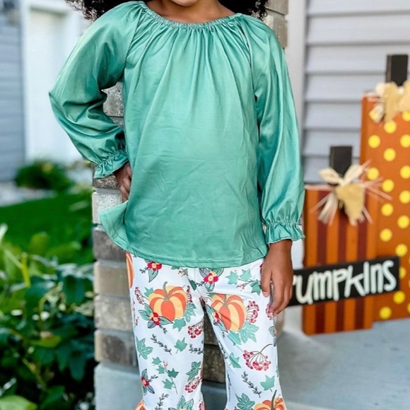 Green 2pc Top and Matching Fall Pumpkin Bell Bottoms - Picture 2 of 2